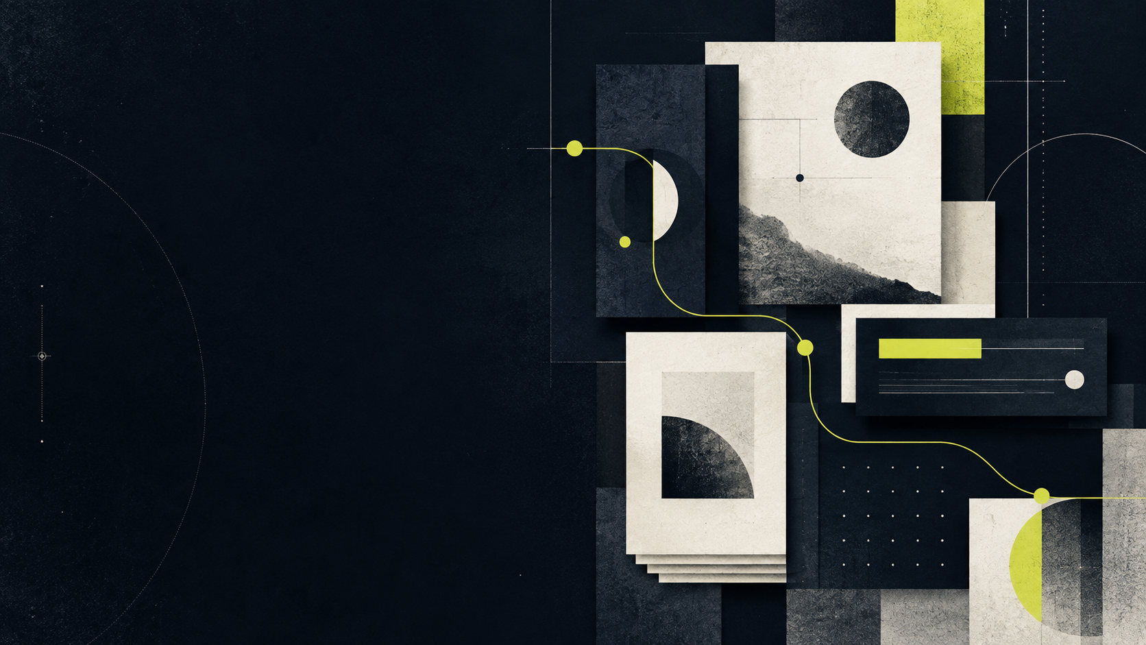 Abstract editorial system built from paper textures, grids, and connected content blocks